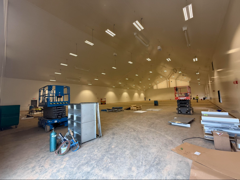 Interior construction at RCY Sports Center showing vast indoor space