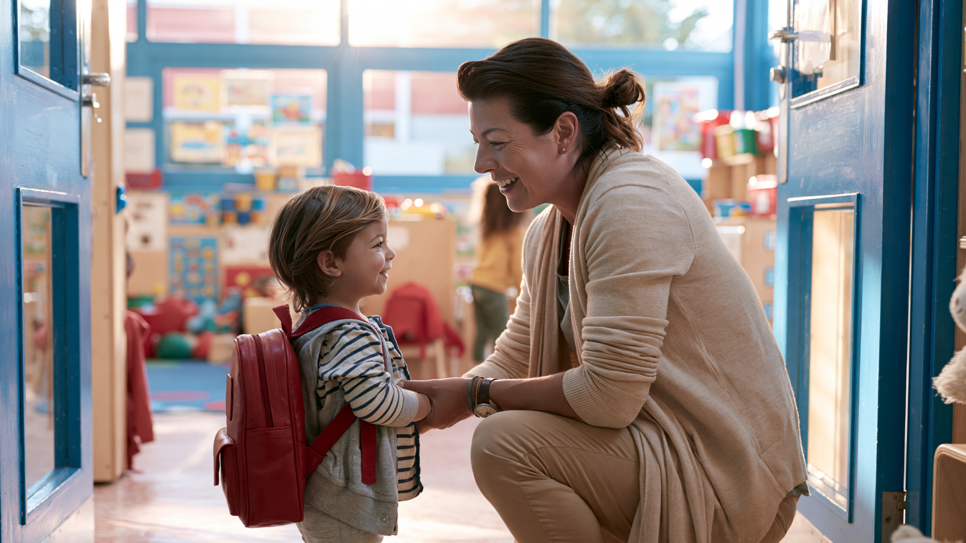 YMCA staff member welcoming a child
